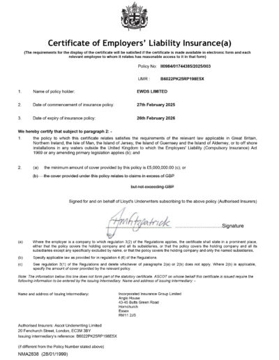Certificate of Employers’ Liability Insurance