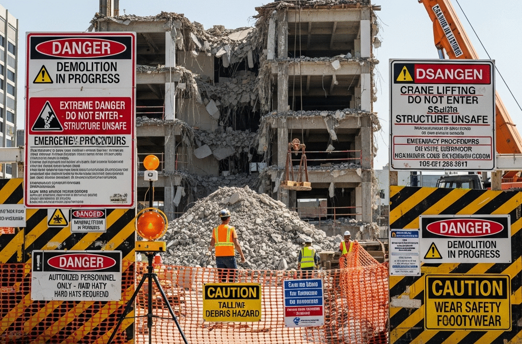 Demolition site with safety barriers and workers in hard hats