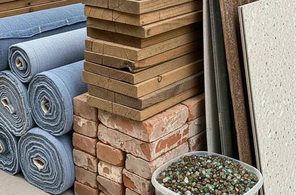 Arrangement of recycled bricks, wood, and metal, showcasing sustainable building materials