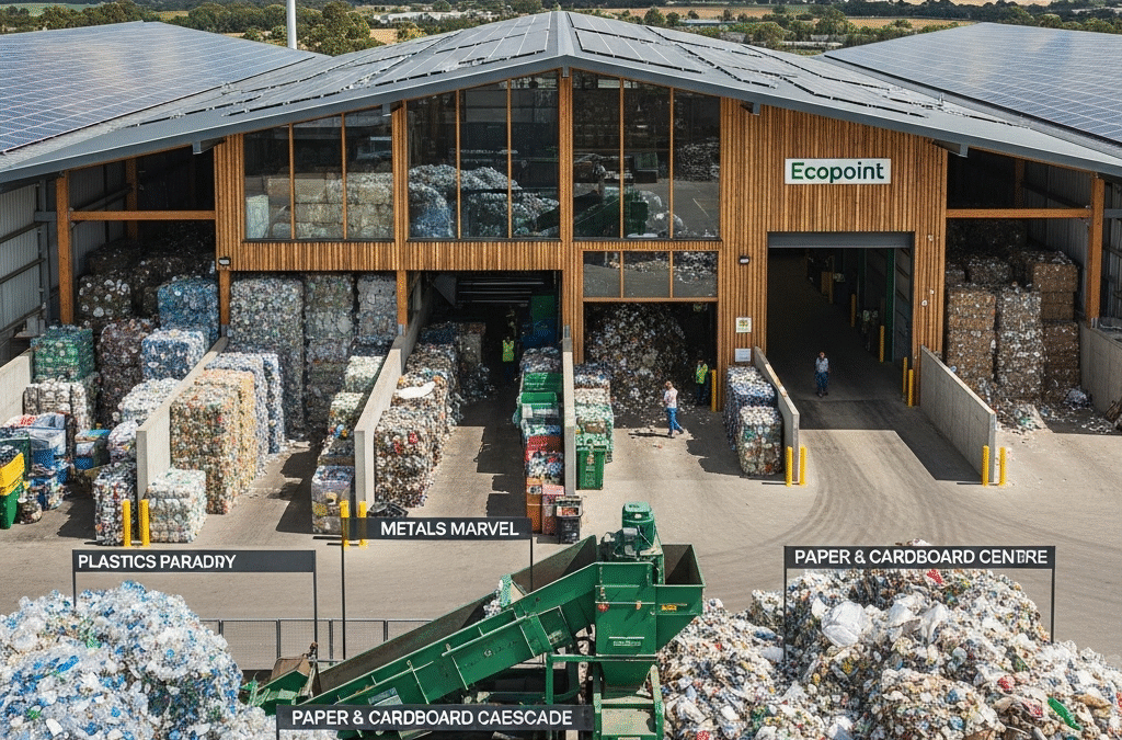 Recycling centre showing different waste streams and sustainable practices.