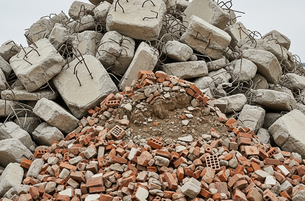 Sorted demolition waste including concrete, brick, and metal, ready for recycling